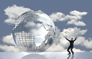Environmental Awareness Image Imprime: Computer graphics, man in front of globe with clouds