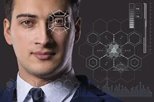 Artificial Intelligence Eyes Imprime: Concept of sensor implanted into human eye