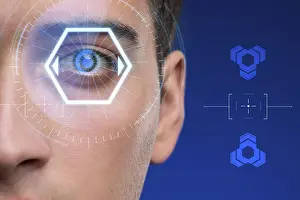 Artificial Intelligence Eyes Imprime: Concept of sensor implanted into human eye