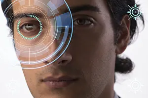 Artificial Intelligence Eyes Imprime: Concept of sensor implanted into human eye