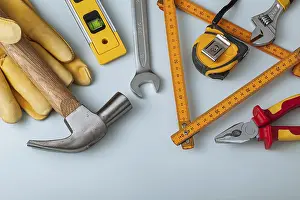 Studio Shot Image Imprime: Construction Tools On Light Gray Background