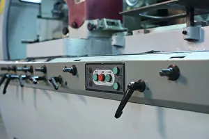 Industrial Machine Imprime: Control panel with buttons and levers on machine