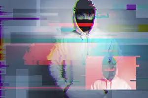 Computer Virus Concept Imprime: Creative image with anonymous hacker with glitch and interference effects