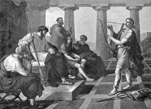 Historical Bible Illustration Imprime: David's string playing in front of Saul