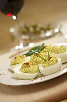 Empty Table Setting Photos Imprime: Deviled eggs and appetizers on a decorative white plate