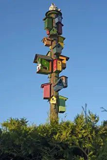 German Breeding Ground Imprime: Many different coloured nesting boxes on a stake