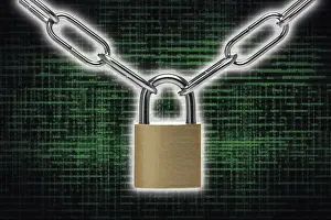 Secure Data Protection Imprime: Digital binary code, lock and chain Coloured background with structures and copy space for the design