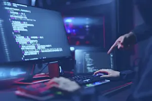 Virus Protection Imprime: Digital crime, Hacker coding virus and ransomware attack cyber data system