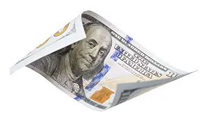 US Dollar Banknote Imprime: One hundred dollar bill falling or floating on empty background