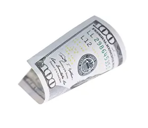 US Dollar Note Imprime: One hundred dollar bill falling or floating on empty background