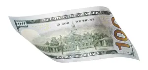 Studio Shot Image Imprime: One hundred dollar bill falling or floating on empty background