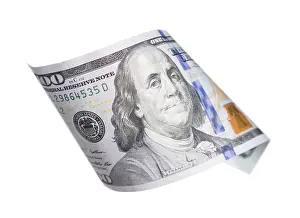 One Hundred Dollar Bill Imprime: One hundred dollar bill falling or floating on empty background