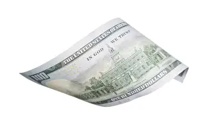 White Background Currency Symbol Imprime: One hundred dollar bill falling or floating on empty background