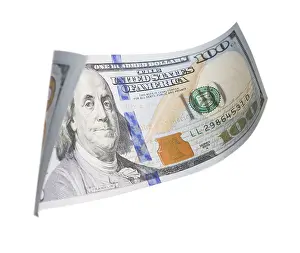 One Hundred Dollar Bill Imprime: One hundred dollar bill falling or floating on empty background