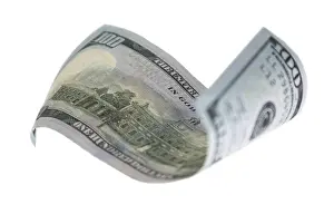 Symbolic Money Concept Imprime: One hundred dollar bill falling or floating on empty background