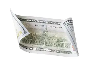 Currency Concept Image Imprime: One hundred dollar bill falling or floating on empty background