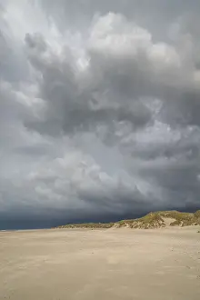 Deserted Sandy Ocean Beach Imprime: Dramatic storm clouds over beach and dunes