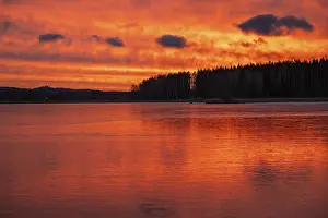 Evening Forest Scene Imprime: A dramatic sunset over a still