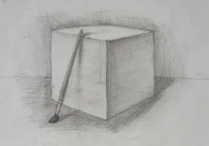 Close Up Perspective View Imprime: A drawing features a three-dimensional cube sitting on a flat surface