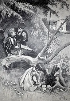 Authentic Woodcut Print Imprime: Easter time, the child has found an Easter basket with Easter eggs