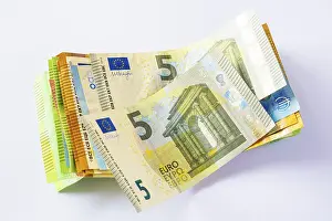 White Background Money Imprime: Euro, stack of banknotes, detail
