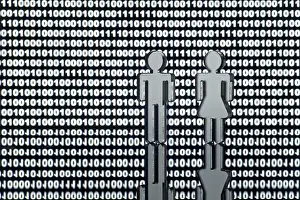 Symbolic Picture Representation Imprime: Two figures in front of binary code