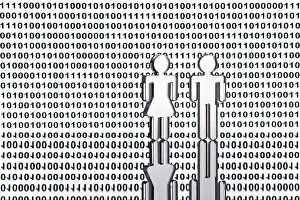 Digital Composing Symbol Imprime: Two figures in front of binary code