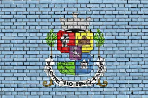 Balkan Peninsula State Flags Imprime: Flag of Sofia painted on brick wall