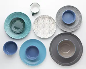 Empty Kitchen Table Setting Imprime: Flat lay clean tableware