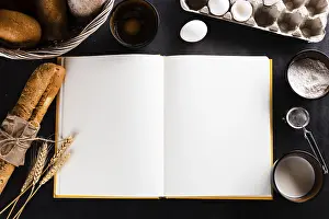 Vegetarian Food Photography Tips Imprime: Flat lay notebook bread ingredients