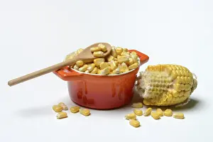 Sweet Corn Nutrition Imprime: Fresh maize kernels in pots and cobs