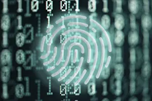 Cyber Crime Protection Imprime: glowing fingerprint symbol against binary code digital background