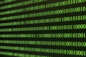 Green Binary Code Imprime: Green binary code arranged in rows on a black background