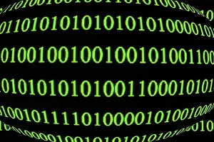 Green Binary Code Imprime: Green binary code on a black background in spherical form