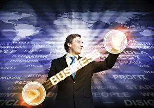 Handsome Businessman Suit Imprime: Handsome businessman in suit using virtual interface of computer application