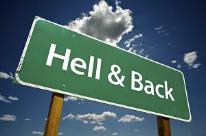 Cloudy Dramatic Sky Image Imprime: Hell and back road sign with dramatic clouds and sky