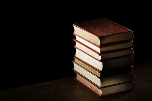 Office Work Desk Setup Imprime: High angle books stack with copy space