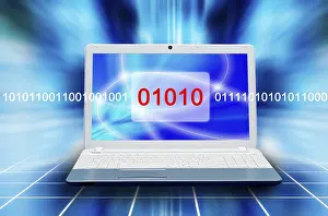 Digital Information Security Imprime: Laptop displaying binary code and abstract blue glow