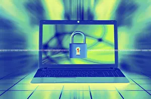 Digital Security Imprime: A laptop screen displays a padlock with binary code