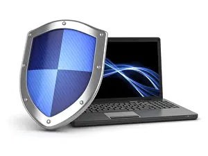 No People In The Background Imprime: Laptop and shield, This is a computer generated and 3d rendered image