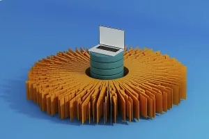 Data Network Connection Imprime: A laptop stands surrounded by vibrant data elements
