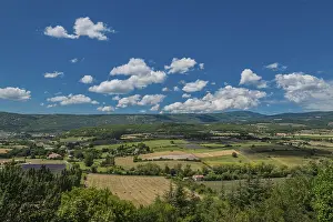 Impresiones de Un paisaje idílico de campos de lavanda, prados y cultivos de maíz se extiende hasta el horizonte en la planicie de Sault, en el corazón del sur de Francia Vaucluse Imprime: Campo de lavanda, prados y campos de maíz