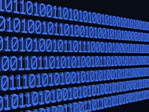 Binary Code Imprime: Several lines of binary code, blue zeros and ones against a black background