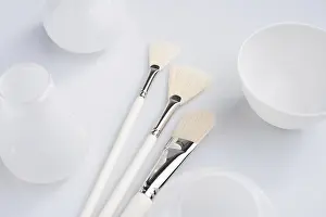 Professional Makeup Tools Imprime: Make up brushes of different size and type object high angle shot on white surface