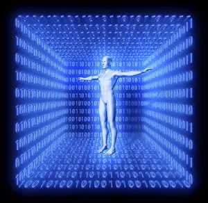 Conceptual Symbolism Imprime: Man in a futuristic room made from binary code