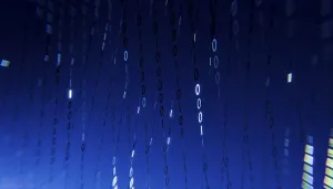Digital Technology Imprime: A 3D rendered illustration of binary code floating across a gradient blue background