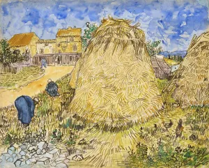 Impresiones de Meules de trigo (1888), montón de trigo o pajar, un famoso acuarela por Vincent van Gogh desde 1888, que representa un paisaje de cosecha en Provenza Pinturas De Paisajes Imprime: Meules de blé (1888), pila de trigo o montón de heno.