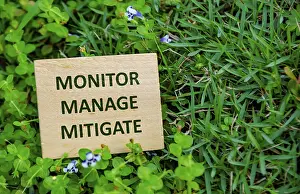 Climate Change Protection Imprime: MONITOR, MANAGE, MITIGATE, Wooden cube with sustainability message on vibrant grass background highlighting monitoring