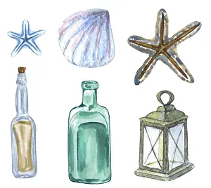 Watercolor Illustrations Imprime: Nautical set of different elements