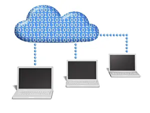Cloud Computing Concept Imprime: Three notebooks connected to a cloud which is filled with binary code